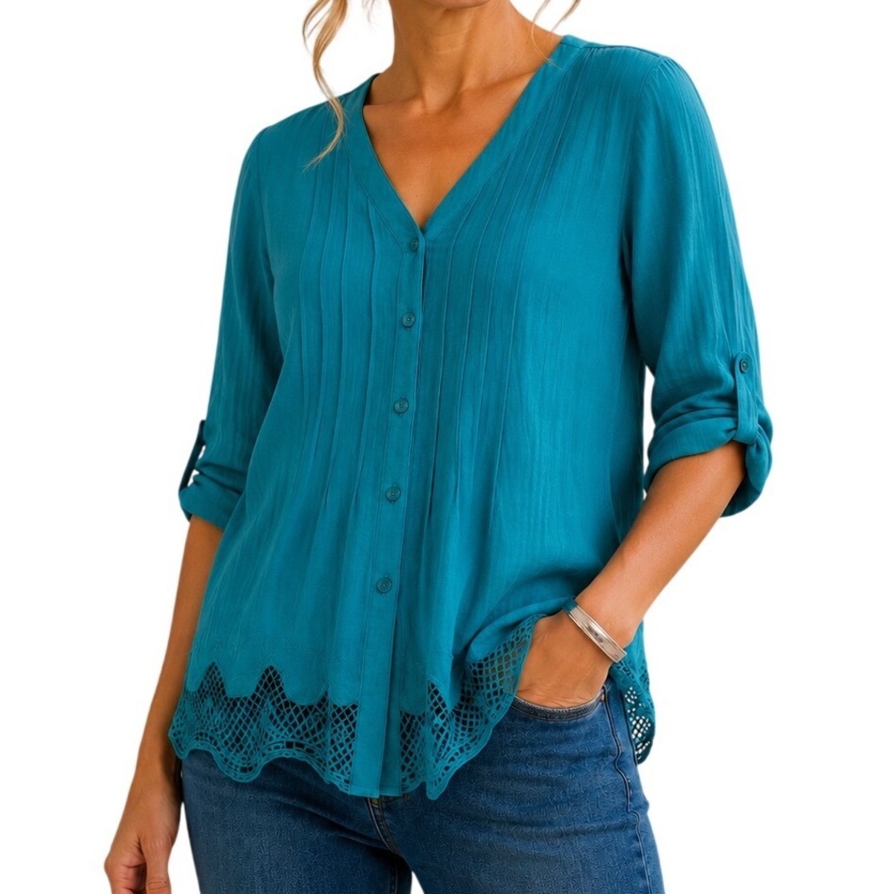 Zac & Rachel Women Turquoise Pintuck Crochet Hem Blouse Large Roll Tab Sleeve